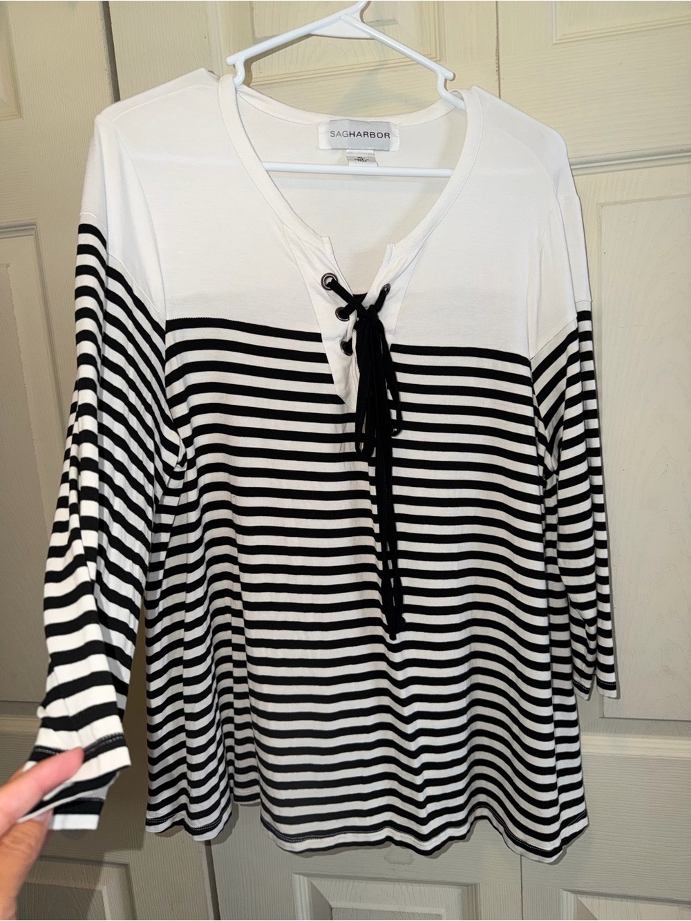 Sag Harbor Black & White Striped Lace-Up Women's Top